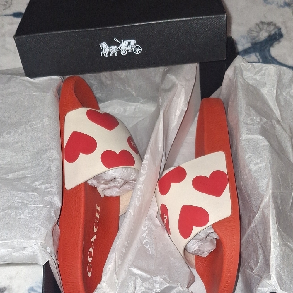 Coach Red and White Heart Slides - Picture 6 of 9